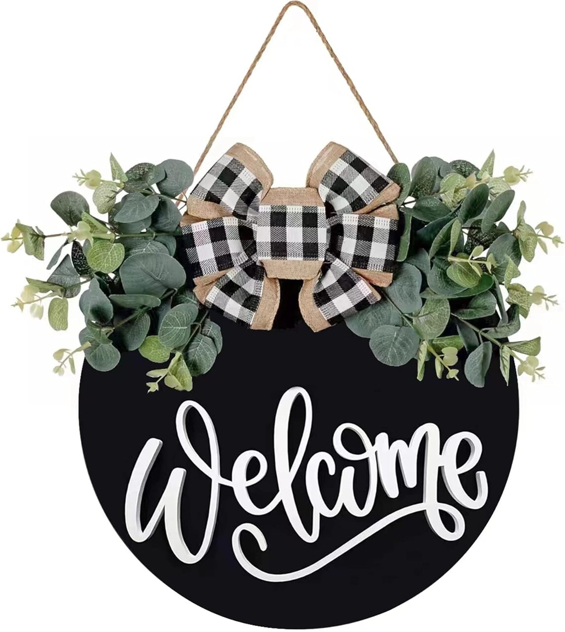 Welcome Sign for Front Door – Round Wooden Farmhouse Wreath Porch Decor, 30cm Hanging Wall Sign for Indoor and Outdoor Home Decor (Black)